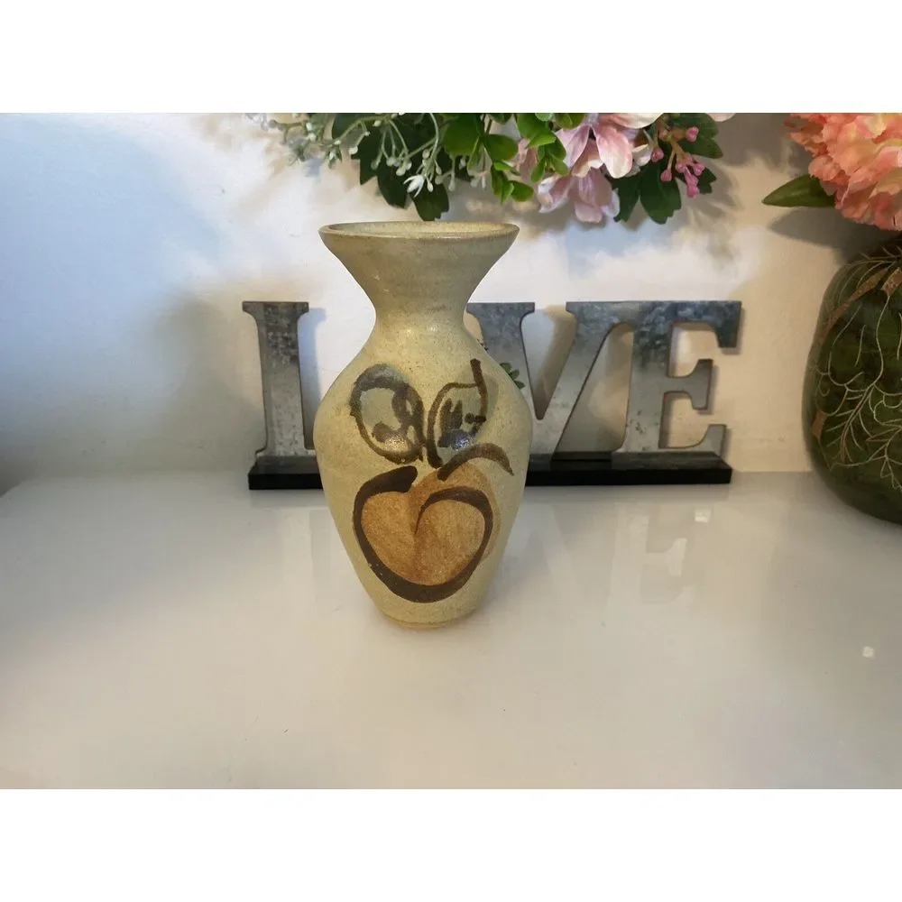 Vintage Hand Painted Stoneware Vase MCM Signed Numbered Peach Design‎ 6